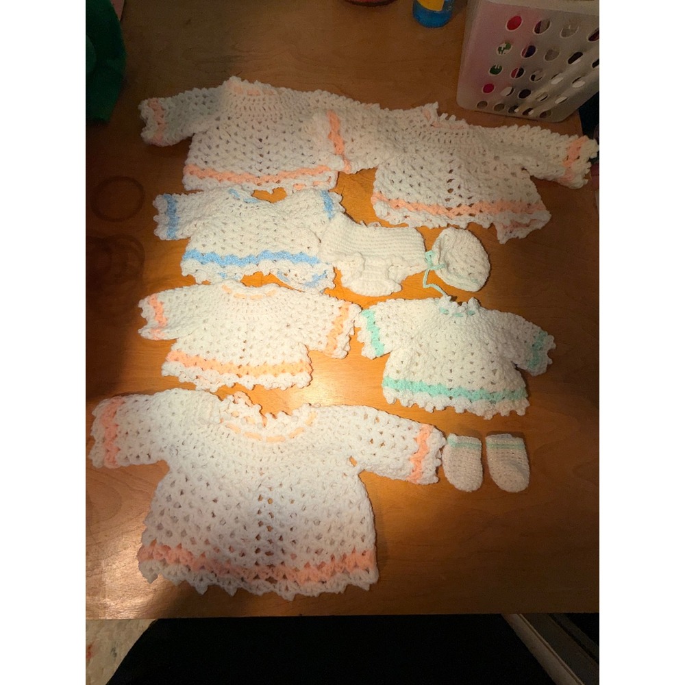 Vintage Hand Crocheted Doll Clothing Lot Sweaters Bonnet Booties Pastel Trim